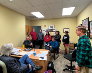 Dan Vallie, Doug Rice and Craig Mundy share stories about the radio business while WASU students listen in.