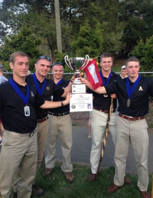 A five-member team from Appalachian State University’s ROTC program won the 1st Lt. Frank B. Walkup IV Cup at the annual Mountain Man Memorial March held in Gatlinburg, Tennessee. Team members are Jacob Lay, left, McCarthy Shelton, Dylan Coveney, William Hintz and John Simpson. (Photo submitted)