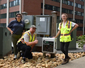 Solar-Ops technicians Calian Micallef, Jack Lundie, and Caroline Piephoff. Both Jack (STBE) and Caroline (Physics) are App State alumni.